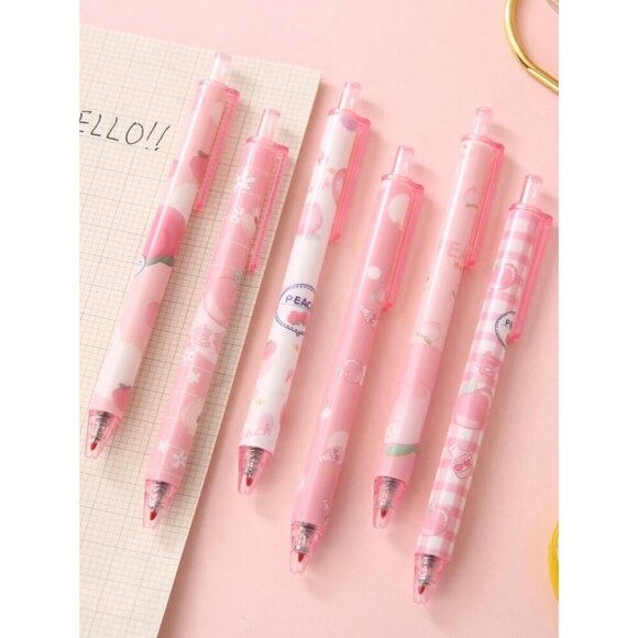 6pcs Peach Plastic Print Ballpoint Pen Multicolor - Picture 1 of 5